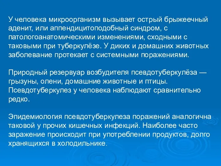 У человека микроорганизм вызывает острый брыжеечный аденит, или аппендицитоподобный синдром, с