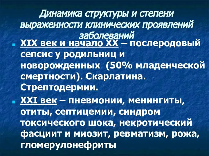 Динамика структуры и степени выраженности клинических проявлений заболеваний XIX век и