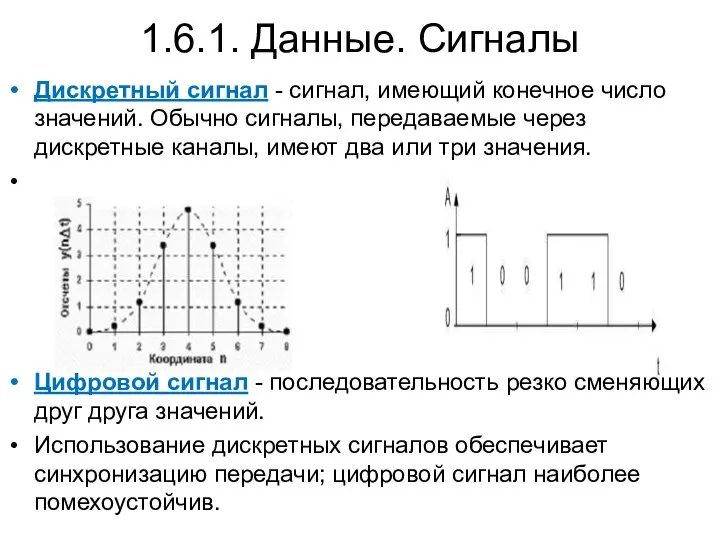 1.6.1. Данные. Сигналы Дискретный сигнал - сигнал, имеющий конечное число значений.