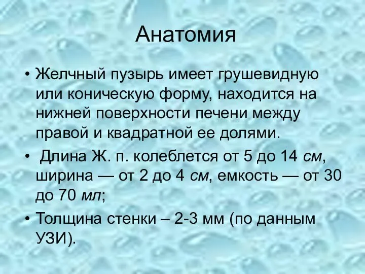 Анатомия Желчный пузырь имеет грушевидную или коническую форму, находится на нижней