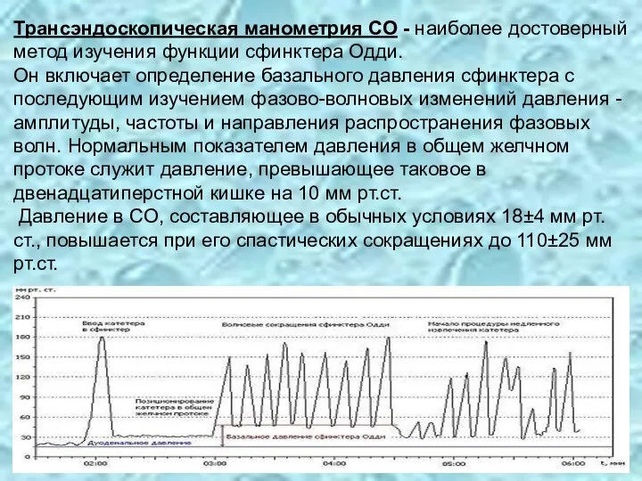 Трансэндоскопическая манометрия СО - наиболее достоверный метод изучения функции сфинктера Одди.