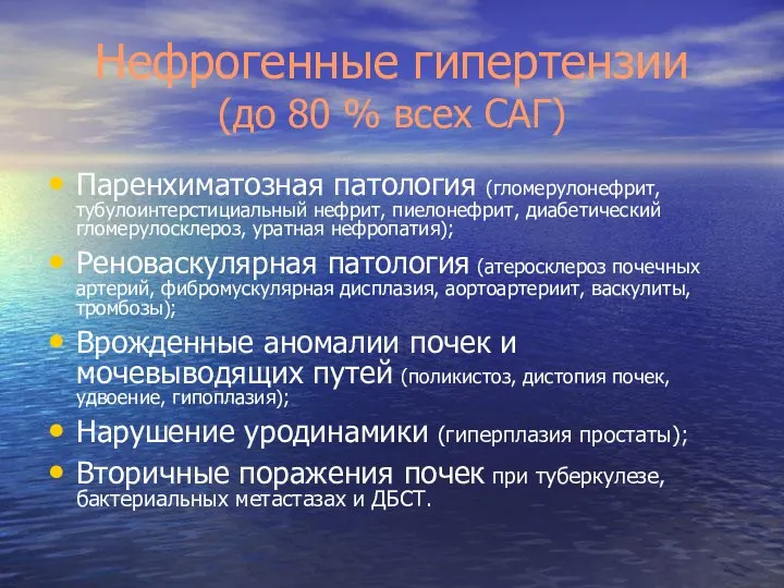 Нефрогенные гипертензии (до 80 % всех САГ) Паренхиматозная патология (гломерулонефрит, тубулоинтерстициальный