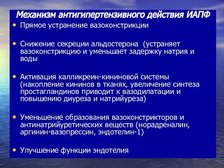 Механизм антигипертензивного действия ИАПФ Прямое устранение вазоконстрикции Снижение секреции альдостерона (устраняет