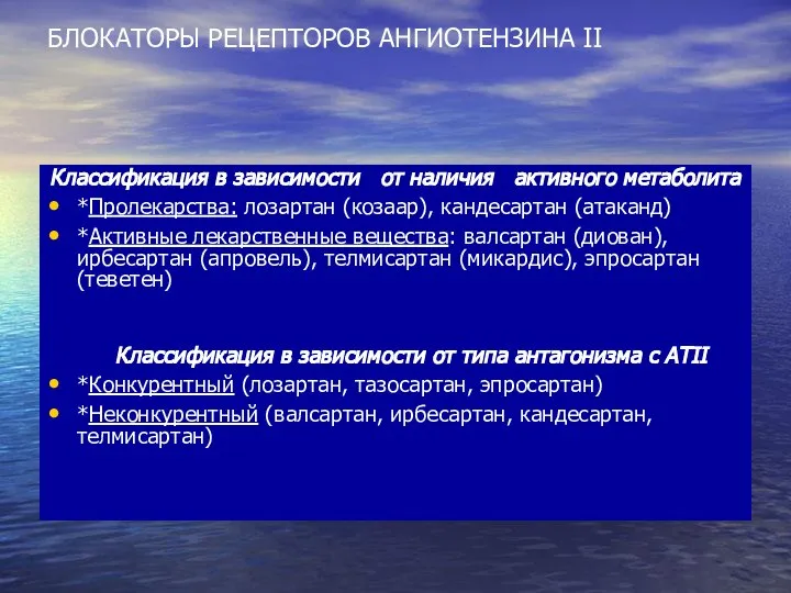 БЛОКАТОРЫ РЕЦЕПТОРОВ АНГИОТЕНЗИНА II Классификация в зависимости от наличия активного метаболита