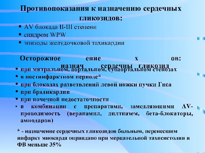 Противопоказания к назначению сердечных гликозидов: