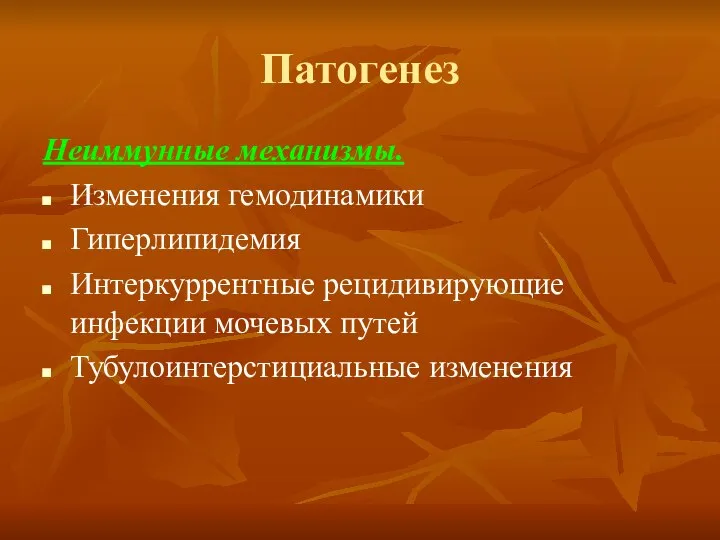 Патогенез Неиммунные механизмы. Изменения гемодинамики Гиперлипидемия Интеркуррентные рецидивирующие инфекции мочевых путей Тубулоинтерстициальные изменения