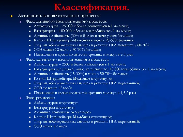 Классификация. Активность воспалительного процесса: Фаза активного воспалительного процесса: Лейкоцитурия – 25