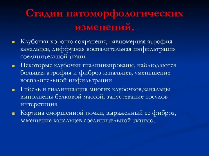 Стадии патоморфологических изменений. Клубочки хорошо сохранены, равномерная атрофия канальцев, диффузная воспалительная