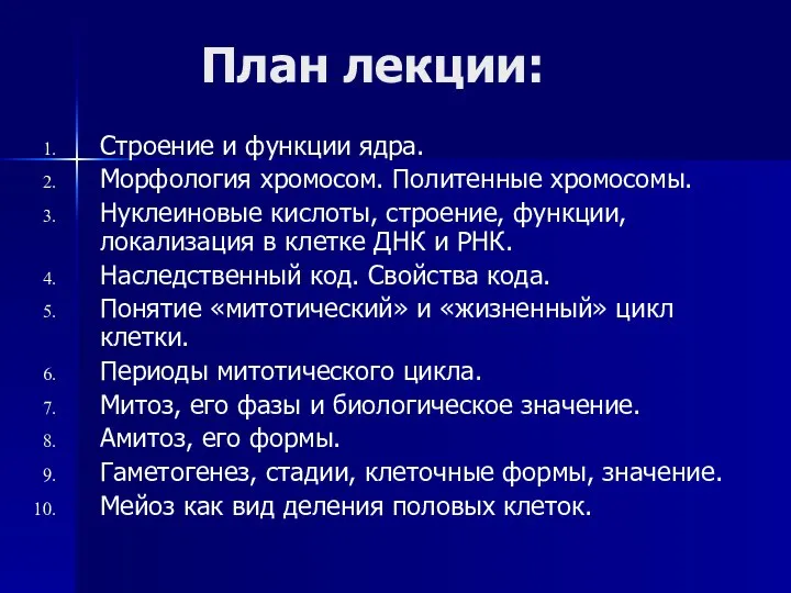 План лекции: Строение и функции ядра. Морфология хромосом. Политенные хромосомы. Нуклеиновые