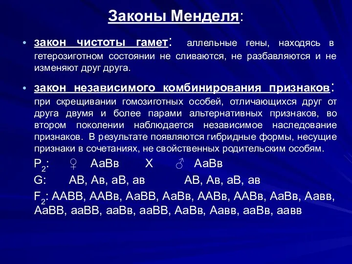 Законы Менделя: закон чистоты гамет: аллельные гены, находясь в гетерозиготном состоянии