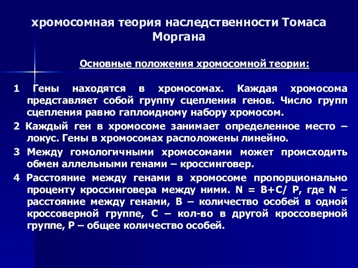 хромосомная теория наследственности Томаса Моргана Основные положения хромосомной теории: 1 Гены