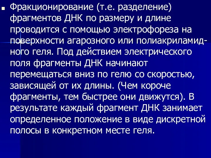 Фракционирование (т.е. разделение) фрагментов ДНК по размеру и длине проводится с