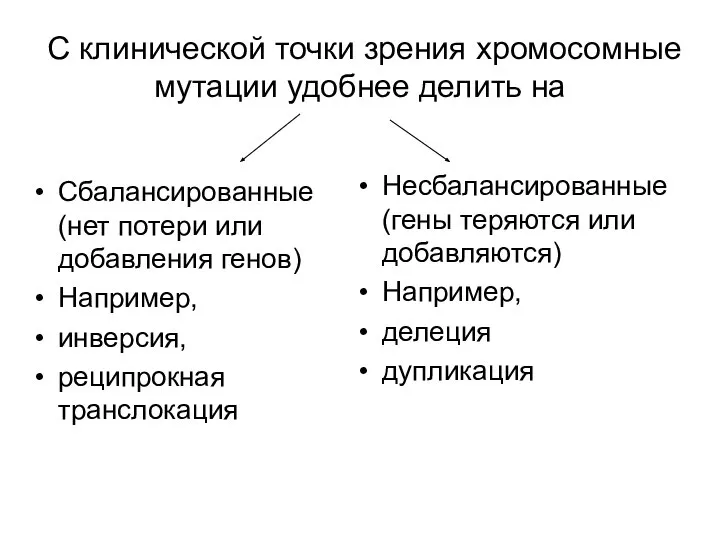 С клинической точки зрения хромосомные мутации удобнее делить на Сбалансированные (нет