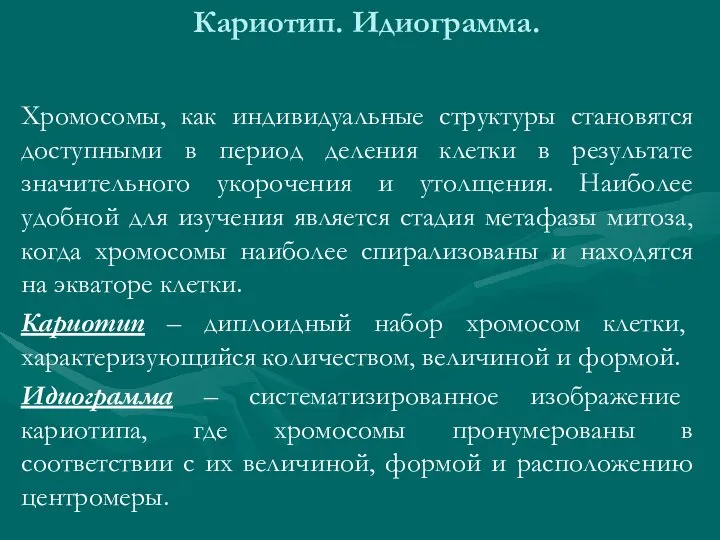 Кариотип. Идиограмма. Хромосомы, как индивидуальные структуры становятся доступными в период деления