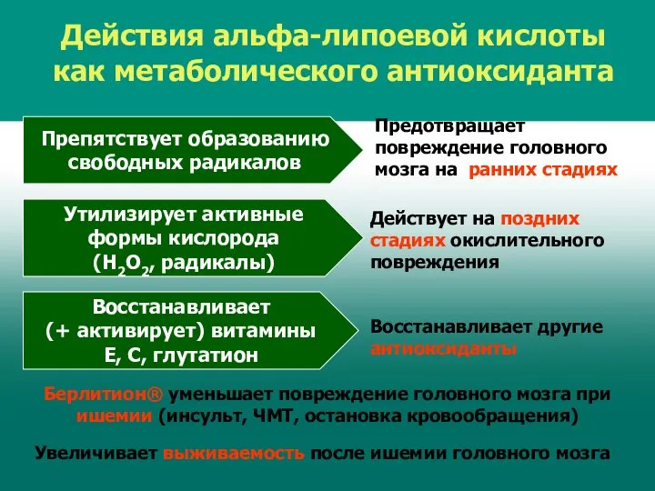 Действия альфа-липоевой кислоты как метаболического антиоксиданта Препятствует образованию свободных радикалов Утилизирует