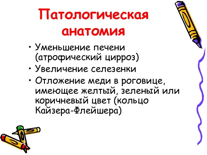 Патологическая анатомия Уменьшение печени (атрофический цирроз) Увеличение селезенки Отложение меди в