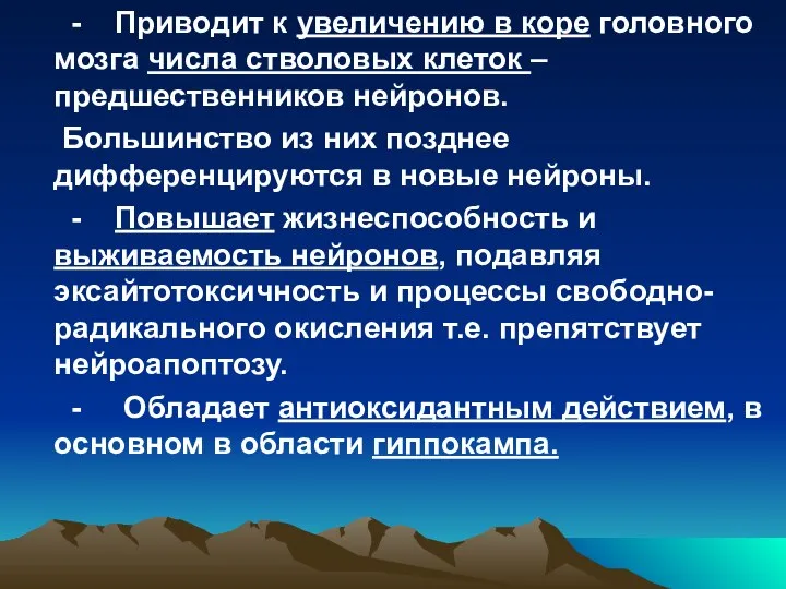 - Приводит к увеличению в коре головного мозга числа стволовых клеток