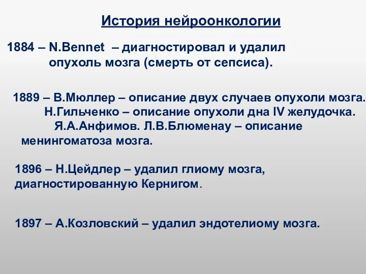 История нейроонкологии 1884 – N.Bennet – диагностировал и удалил опухоль мозга