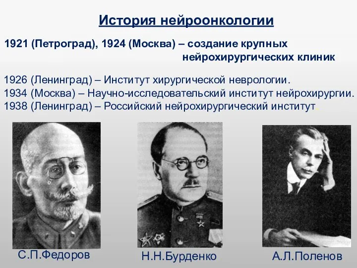 История нейроонкологии 1921 (Петроград), 1924 (Москва) – создание крупных нейрохирургических клиник