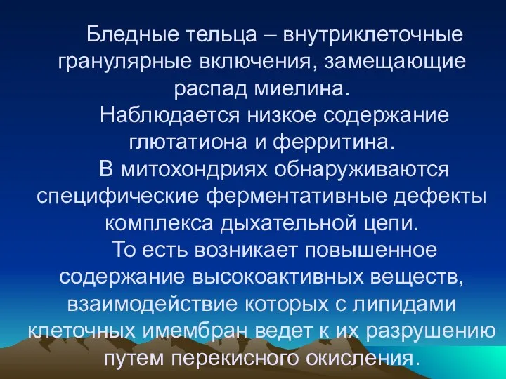 Бледные тельца – внутриклеточные гранулярные включения, замещающие распад миелина. Наблюдается низкое