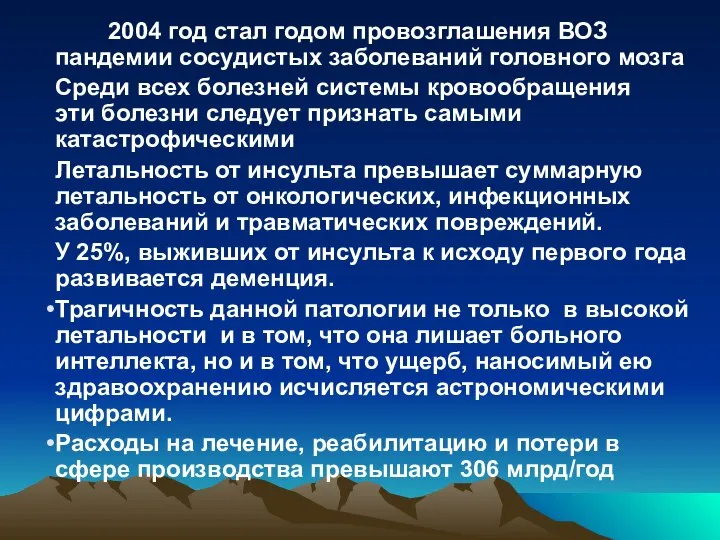 2004 год стал годом провозглашения ВОЗ пандемии сосудистых заболеваний головного мозга