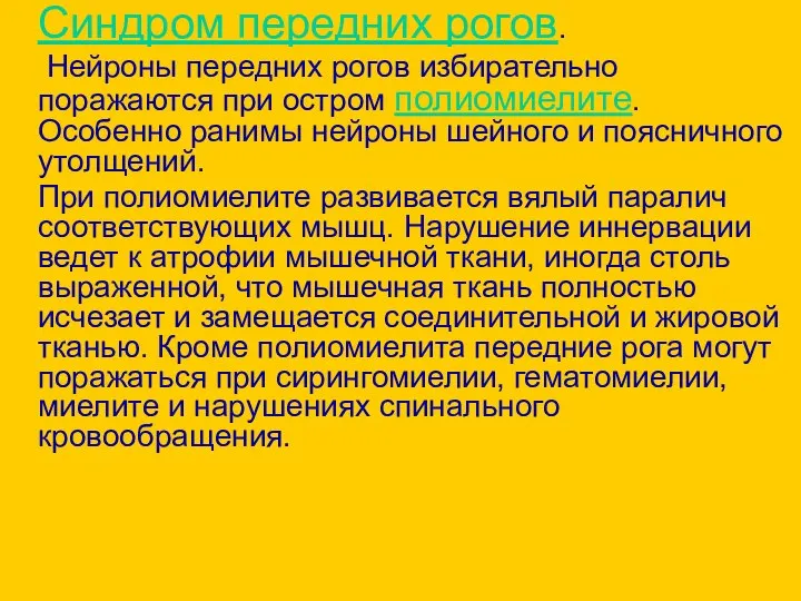 Синдром передних рогов. Нейроны передних рогов избирательно поражаются при остром полиомиелите.