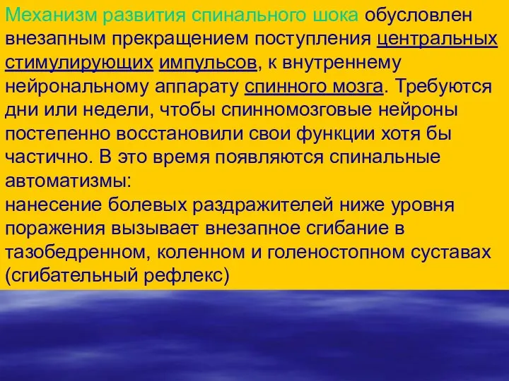 Механизм развития спинального шока обусловлен внезапным прекращением поступления центральных стимулирующих импульсов,