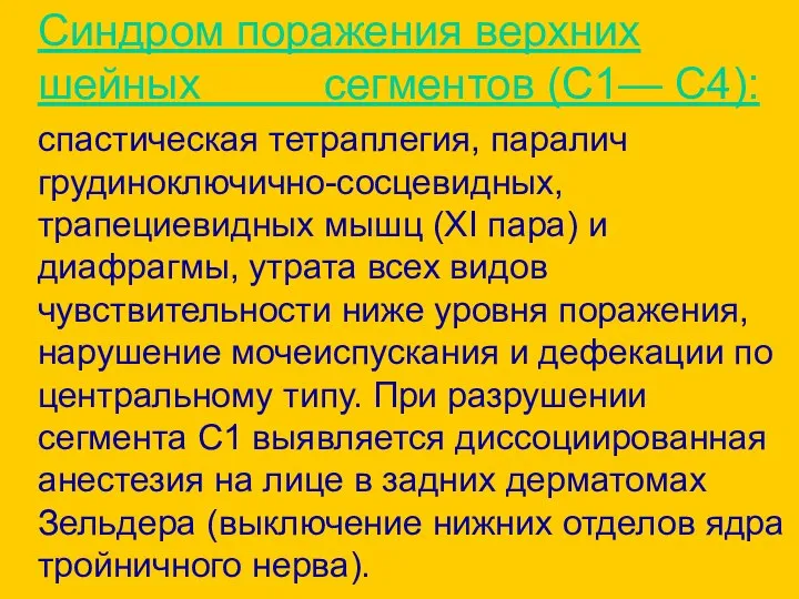 Синдром поражения верхних шейных сегментов (C1— C4): спастическая тетраплегия, паралич грудиноключично-сосцевидных,