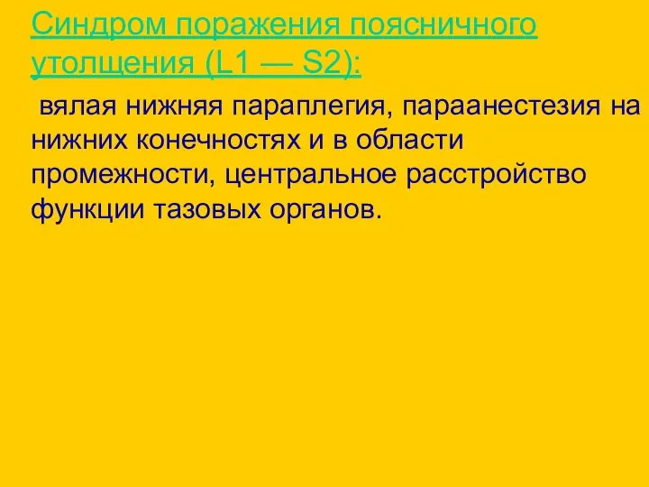 Синдром поражения поясничного утолщения (L1 — S2): вялая нижняя параплегия, параанестезия