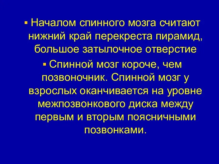 Началом спинного мозга считают нижний край перекреста пирамид, большое затылочное отверстие