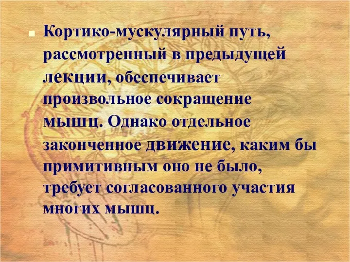 Кортико-мускулярный путь, рассмотренный в предыдущей лекции, обеспечивает произвольное сокращение мышц. Однако