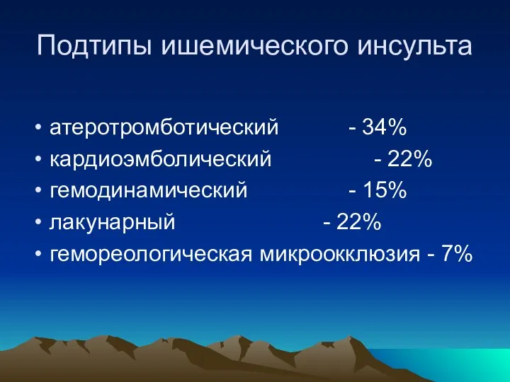 Подтипы ишемического инсульта атеротромботический - 34% кардиоэмболический - 22% гемодинамический -