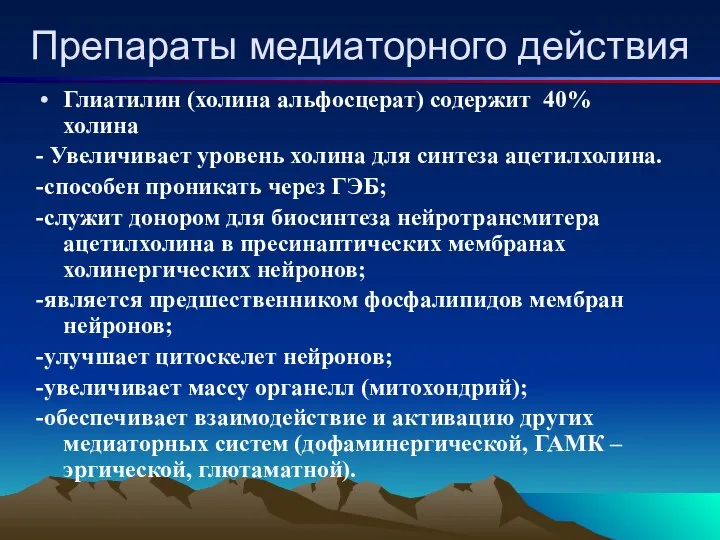 Препараты медиаторного действия Глиатилин (холина альфосцерат) содержит 40% холина - Увеличивает