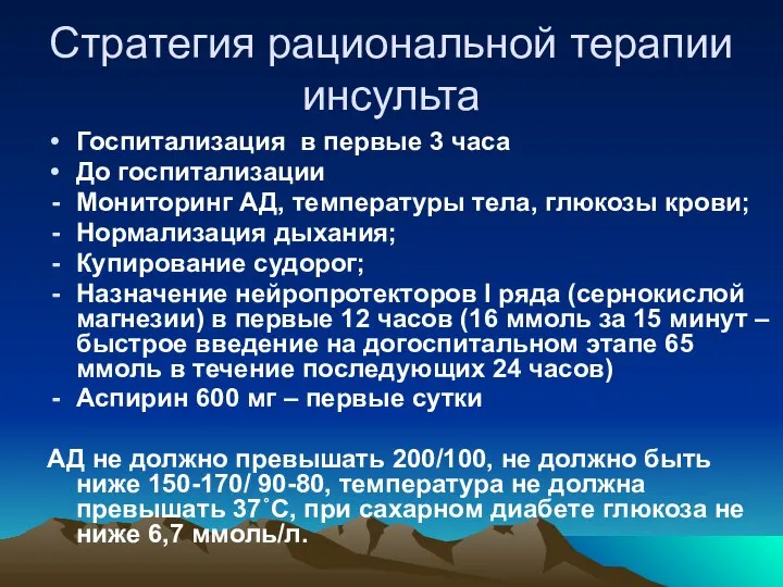 Стратегия рациональной терапии инсульта Госпитализация в первые 3 часа До госпитализации