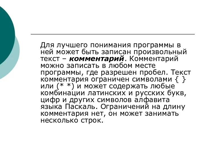 Для лучшего понимания программы в ней может быть записан произвольный текст