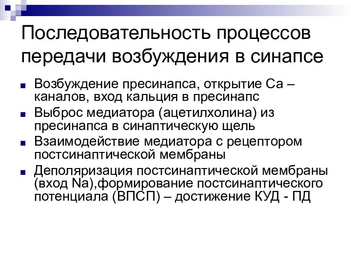 Последовательность процессов передачи возбуждения в синапсе Возбуждение пресинапса, открытие Са –