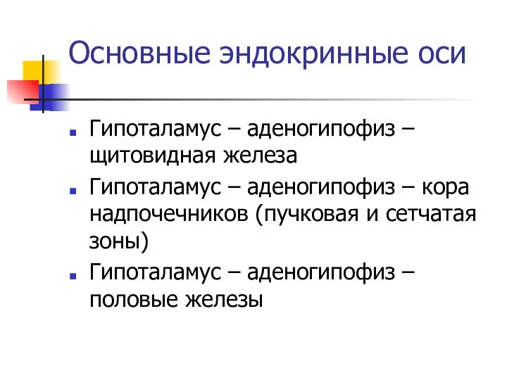 Основные эндокринные оси Гипоталамус – аденогипофиз – щитовидная железа Гипоталамус –