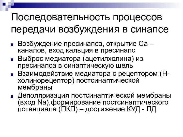 Последовательность процессов передачи возбуждения в синапсе Возбуждение пресинапса, открытие Са –