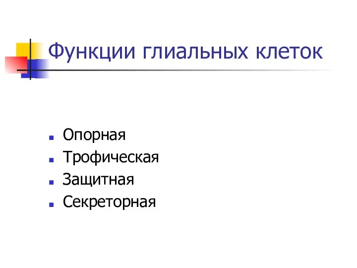 Функции глиальных клеток Опорная Трофическая Защитная Секреторная