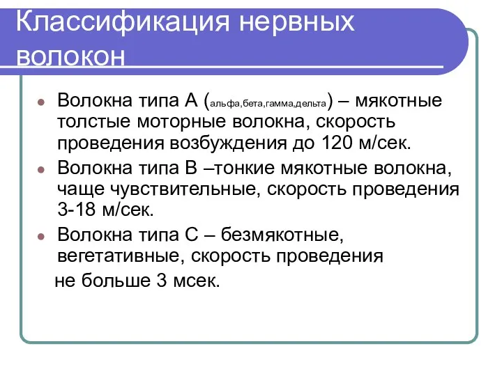 Классификация нервных волокон Волокна типа А (альфа,бета,гамма,дельта) – мякотные толстые моторные