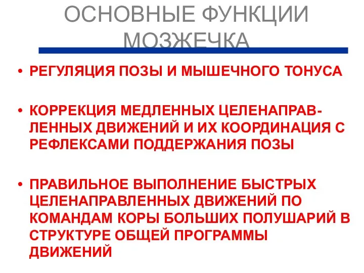 ОСНОВНЫЕ ФУНКЦИИ МОЗЖЕЧКА РЕГУЛЯЦИЯ ПОЗЫ И МЫШЕЧНОГО ТОНУСА КОРРЕКЦИЯ МЕДЛЕННЫХ ЦЕЛЕНАПРАВ-ЛЕННЫХ