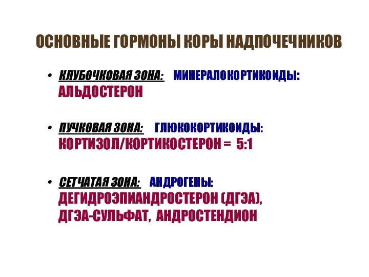 ОСНОВНЫЕ ГОРМОНЫ КОРЫ НАДПОЧЕЧНИКОВ КЛУБОЧКОВАЯ ЗОНА: МИНЕРАЛОКОРТИКОИДЫ: АЛЬДОСТЕРОН ПУЧКОВАЯ ЗОНА: ГЛЮКОКОРТИКОИДЫ: