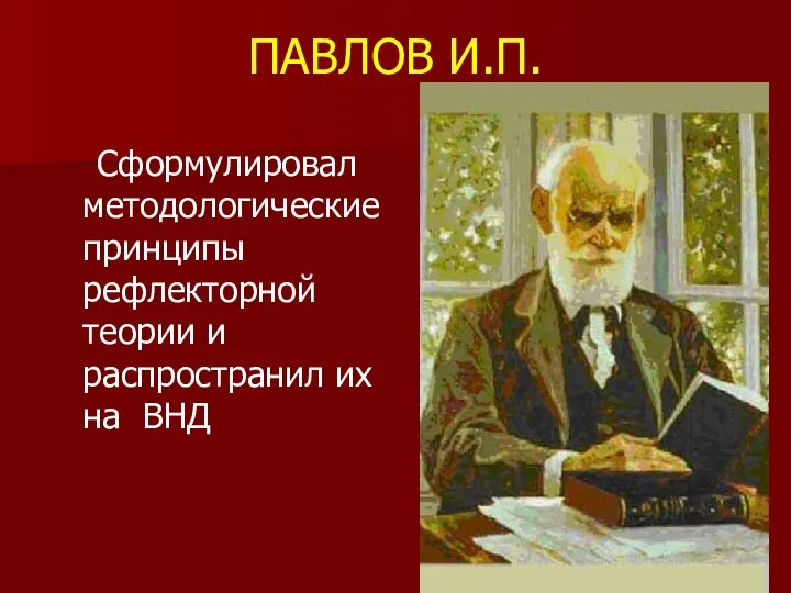 ПАВЛОВ И.П. Сформулировал методологические принципы рефлекторной теории и распространил их на ВНД