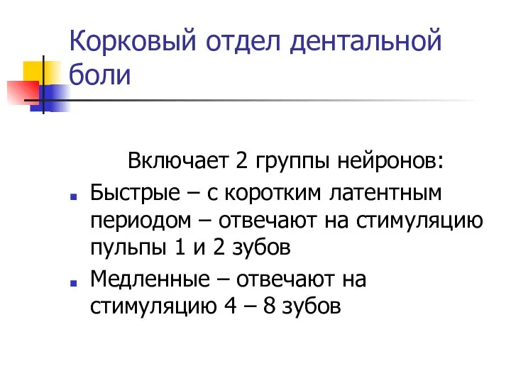 Корковый отдел дентальной боли Включает 2 группы нейронов: Быстрые – с