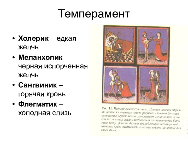 Темперамент Холерик – едкая желчь Меланхолик –черная испорченная желчь Сангвиник – горячая кровь Флегматик –холодная слизь