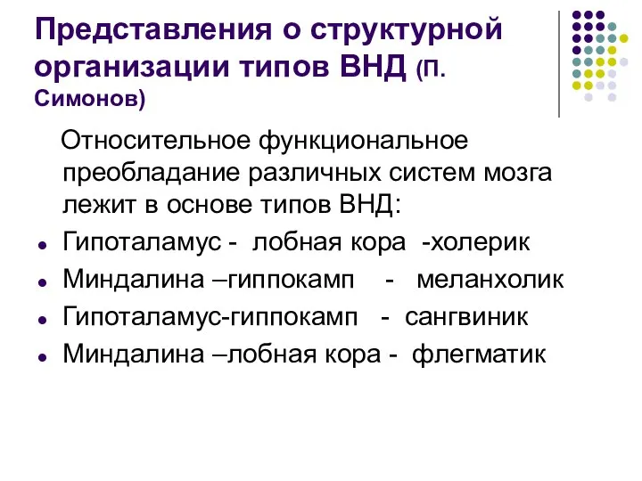 Представления о структурной организации типов ВНД (П.Симонов) Относительное функциональное преобладание различных