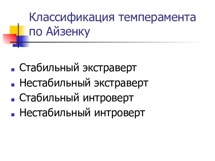 Классификация темперамента по Айзенку Стабильный экстраверт Нестабильный экстраверт Стабильный интроверт Нестабильный интроверт