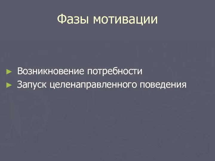 Фазы мотивации Возникновение потребности Запуск целенаправленного поведения