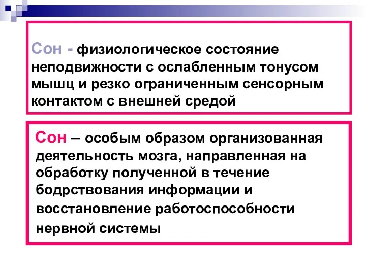 Сон - физиологическое состояние неподвижности с ослабленным тонусом мышц и резко