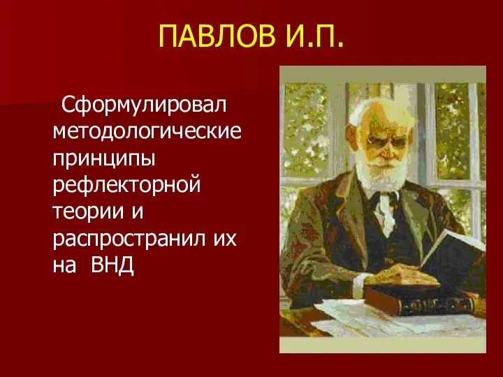 ПАВЛОВ И.П. Сформулировал методологические принципы рефлекторной теории и распространил их на ВНД